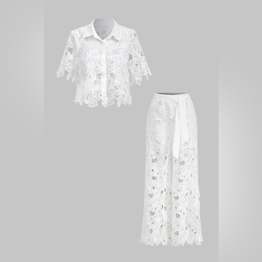 White Crochet Lace Skirt Set with Tie Waist